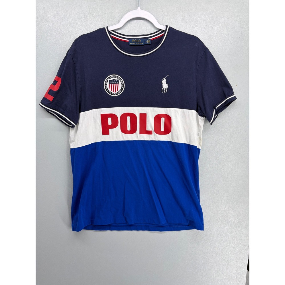 Polo Ralph Lauren Mens T-Shirt Colorblock USA Shield Logo Navy White Blue M - Picture 2 of 6